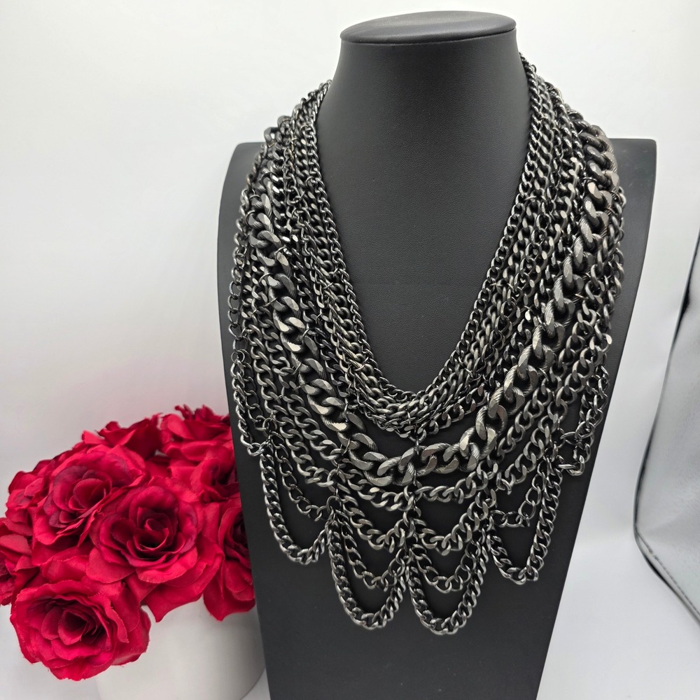 BaubleBar Gunmetal Multi Strand Layered Chain Bib Statement Necklace Edgy Grey